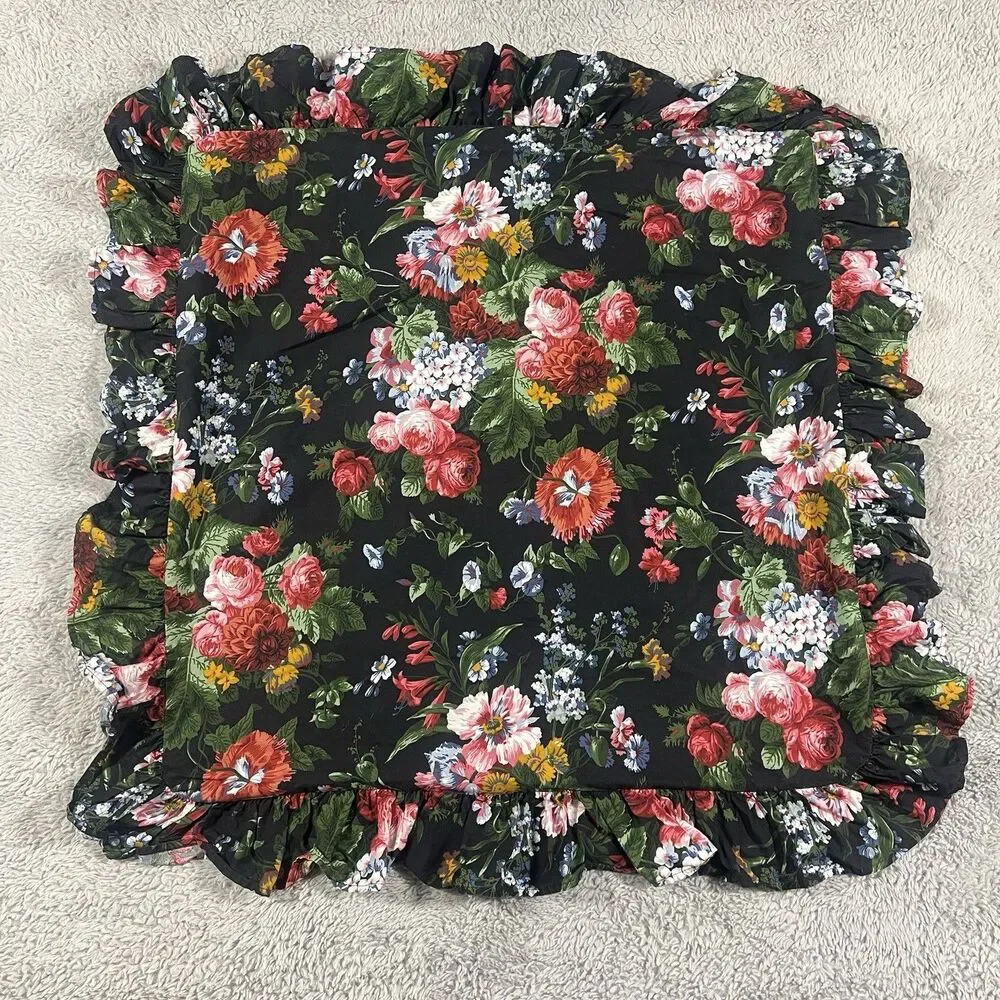 Ralph Lauren Vintage Isadora Cossette Black Floral Euro Shams Ruffled 25X25” Two
